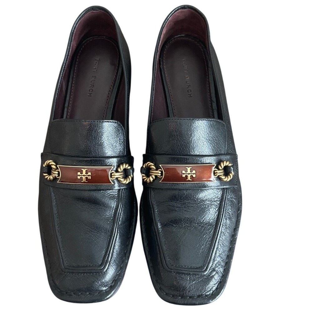 Tory Burch Perrine Loafer Black Leather Horsebit Enamel Gold Size 7.5